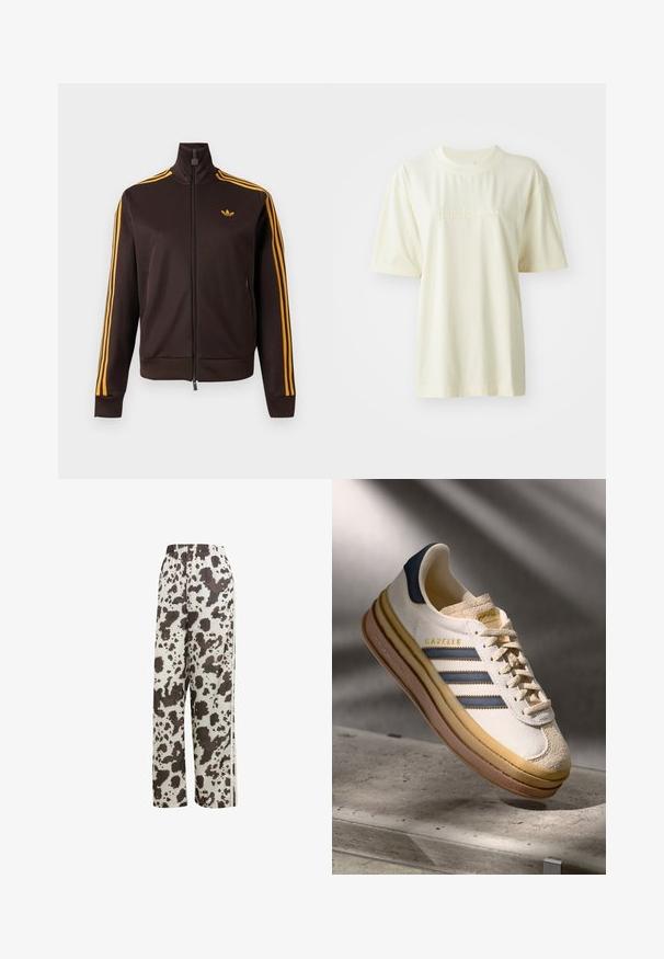 Chaqueta de chándal negra con cremallera, con tres rayas naranjas en las mangas y logo de Adidas naranja en el pecho, cuello alto y bolsillos laterales con cremallera.; Camiseta de algodón color crema con cuello redondo, mangas cortas y logo "adidas" en relieve en el pecho. Textura suave y corte relajado.; adidas Originals COW PRINT SATIN WIDE LEG - Pantalones deportivos - multicolor off white; Zapatilla Adidas Gazelle con parte superior de ante crema, acentos de cuero azul, tres rayas azules, media suela beige y suela de goma marrón.