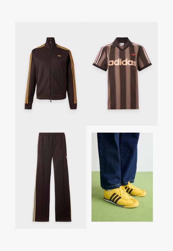 Chaqueta de chándal negra con cremallera, con tres rayas naranjas en las mangas y logo de Adidas naranja en el pecho, cuello alto y bolsillos laterales con cremallera.; Polo Adidas marrón con rayas, cuello en V, cuello burdeos y logo rojo. Presenta rayas blancas y rojas en los hombros, mangas cortas.; Pantalones de chándal negros con rayas amarillas laterales, cintura elástica, bolsillos laterales con cremallera y un pequeño logo en el muslo superior.; Zapatillas de cuero amarillas con rayas negras, una puntera texturizada y suela blanca, combinadas con jeans de mezclilla oscuros, sobre una superficie verde.