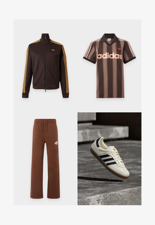 Schwarze Trainingsjacke mit Reißverschluss, orangefarbenen drei Streifen an den Ärmeln und orangefarbenem Adidas-Logo auf der Brust, hohem Kragen und Reißverschlusstaschen an den Seiten.; Braunes gestreiftes Adidas-Poloshirt mit V-Ausschnitt, bordeauxrotem Kragen und rotem Logo. Mit weißen und roten Schulterstreifen, kurzen Ärmeln.; Braune Sweatpants aus weichem Stoff mit lockerem Schnitt, ausgestattet mit einem elastischen Bund, einem Kordelzug und einem weißen Logo am linken Oberschenkel.; Weißer Adidas Samba Sneaker mit schwarzen Streifen und Gummisohle, schwebend über strukturierten grauen Betontreppen.