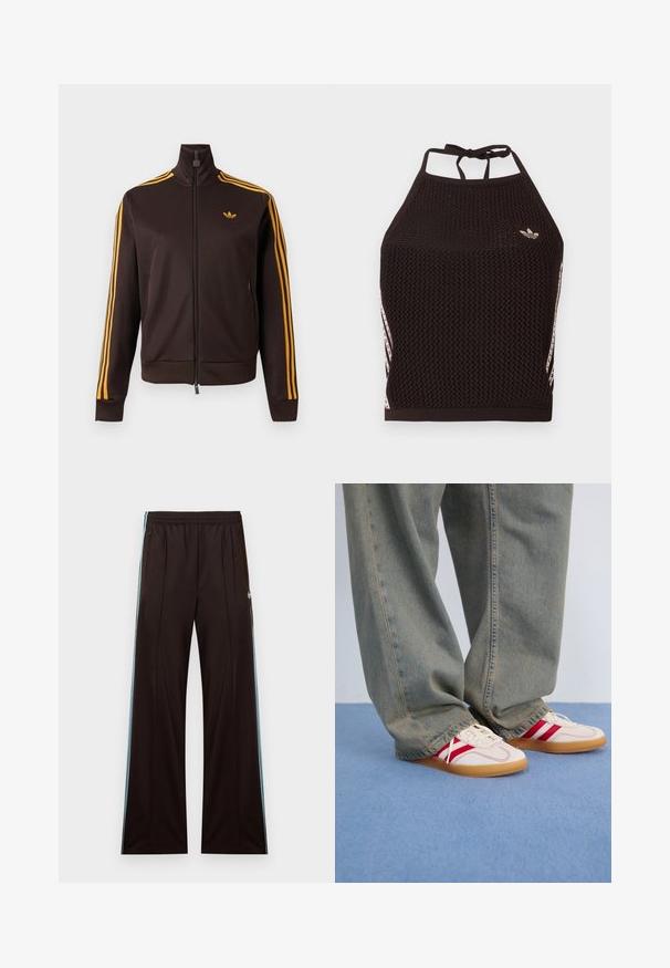 Schwarze Trainingsjacke mit Reißverschluss, orangefarbenen drei Streifen an den Ärmeln und orangefarbenem Adidas-Logo auf der Brust, hohem Kragen und Reißverschlusstaschen an den Seiten.; Schwarzes Netz-Halfter-Cropped-Top mit strukturiertem Design. Mit pinkfarbenen Akzentstreifen und kleinem Logo vorne. Mit Rückenknotenverschluss.; Schwarze, weit geschnittene Trainingshose mit hellblauen Seitenstreifen, elastischem Bund, Reißverschlusstaschen und Adidas-Logo an der linken Hüfte.; Weiße Sneaker mit roten Streifen, Obermaterial aus strukturiertem Canvas, runde Zehenpartie, flache Gummisohle, kombiniert mit lockeren, ausgebleichten blauen Jeanshosen.