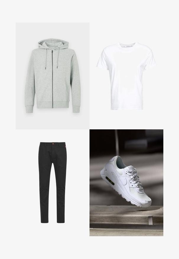 Lichtgrijze hoodie met rits, gemaakt van zachte stof. Voorzien van een capuchon, trekkoorden en twee zijzakken. Geribbelde manchetten en zoom.; Witte katoenen t-shirt met een ronde hals en korte mouwen, in een klassiek model met een gladde textuur. Geen patronen of hardware zichtbaar.; Zwarte chinos met een slim fit, gemaakt van katoen, voorzien van een bruine knoopsluiting, vier zakken en klassieke stikseldetails.; Witte Nike Air Max 90 sneaker met een bovenwerk van mesh en leer, een geperforeerde teenbox en een zichtbare luchtunit in de hiel.