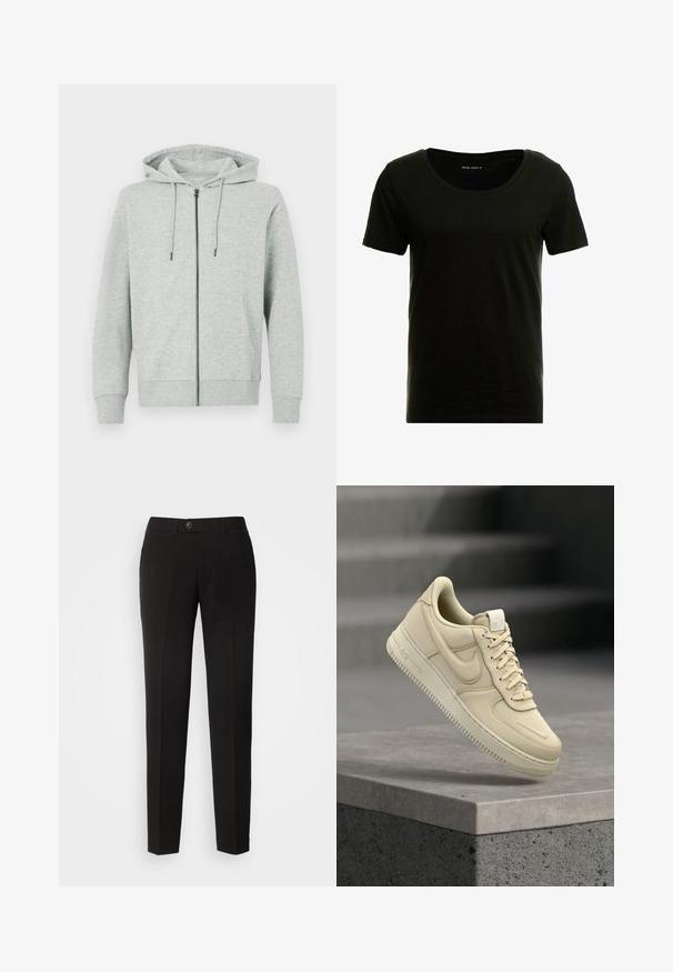 Sudadera con cremallera de color gris claro, confeccionada con tela suave. Cuenta con capucha, cordones ajustables y dos bolsillos laterales. Puños y bajo acanalados.; Camiseta negra de manga corta con escote redondeado, textura suave y corte relajado. Fabricada con material ligero y transpirable.; Pantalones rectos negros de tejido suave, con cierre de botón y bolsillos laterales con un diseño clásico.; Zapatilla Nike Air Force 1 beige flotando sobre un saliente de hormigón gris con un fondo de escaleras desenfocado.