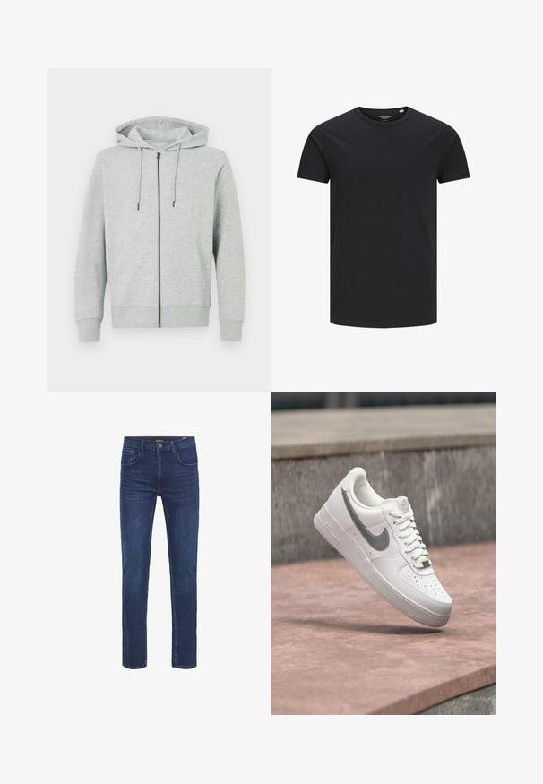 Sudadera con cremallera de color gris claro, confeccionada con tela suave. Cuenta con capucha, cordones ajustables y dos bolsillos laterales. Puños y bajo acanalados.; Camiseta de algodón negra con cuello redondo, mangas cortas y un diseño sencillo. Textura suave, sin patrones ni herrajes visibles.; Vaqueros de mezclilla azul oscuro con un diseño de pierna recta, cinco pockets y un clásico cierre de botón. Textura suave con detalles de desvanecimiento sutil.; Zapatilla blanca Nike Air Force 1 con logo swoosh gris flotando sobre una superficie de piedra y un fondo de pared de piedra gris.