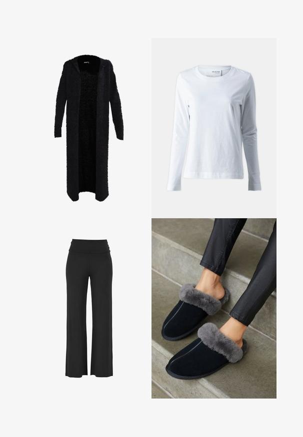 Lang sort cardigan lavet af fuzzy materiale med hætte. Åben frontdesign, lange ærmer og en blød tekstur. Ingen synlige lukninger eller mønstre.; Hvid langærmet t-shirt lavet af blødt bomuld. Har en rund halsudskæring og tætsiddende ærmer. Glat tekstur med et enkelt design.; Sorte, brede bukser med et højt, draperet talje bånd lavet af et blødt, strækbart materiale, der har glatte, jævne syninger og ingen synlige mønstre.; Sorte ruskinds slippers med en grå faux fur manchet, rund tå og kontrastsyning. Blød tekstur og slip-on design for nem brug.