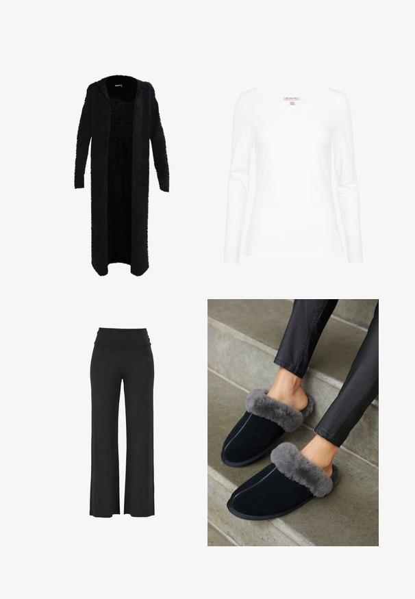 Lang sort cardigan lavet af fuzzy materiale med hætte. Åben frontdesign, lange ærmer og en blød tekstur. Ingen synlige lukninger eller mønstre.; Anna Field by Zalando Langærmet T-shirt - white; Sorte, brede bukser med et højt, draperet talje bånd lavet af et blødt, strækbart materiale, der har glatte, jævne syninger og ingen synlige mønstre.; Sorte ruskinds slippers med en grå faux fur manchet, rund tå og kontrastsyning. Blød tekstur og slip-on design for nem brug.