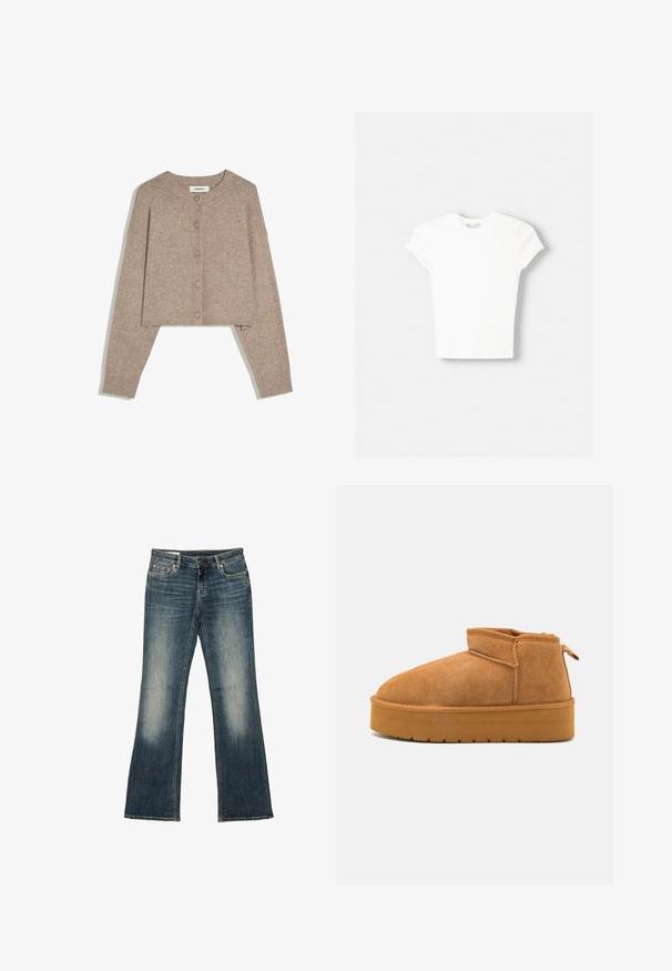 Beige cropped cardigan med lange ærmer, rund halsudskæring, fem knapper foran og ribstrikkede manchetter, lagt fladt på hvid baggrund.; Hvid kortærmet t-shirt lavet af blød bomuld, med rund halsudskæring og en tætsiddende form. Ingen synlige mønstre eller udsmykninger.; Blå denimjeans med let falmet effekt på lår og knæ, straight-leg snit, fem-lomme design og knaplukning i taljen.; Brune suede ankelstøvler med en rund tå, lav skæring, og en tekstureret gummisål med en lille platform og et hængsel.