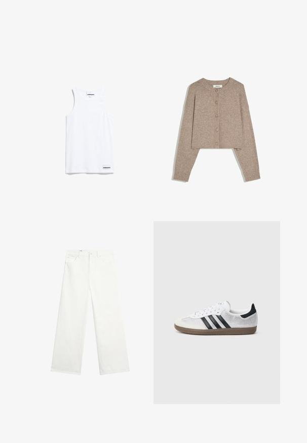 Beige cropped vest met lange mouwen, ronde hals, vijf knopen aan de voorkant en geribbelde boorden, plat liggend op een witte achtergrond.; Witte tanktop gemaakt van katoen. Voorzien van brede schouderbanden en een ronde halslijn. Inclusief een klein merkje aan de onderkant links.; Witte denim jeans met wijde pijpen, een knoop aan de voorkant, riemlussen en zijzakken, weergegeven op een effen witte achtergrond.; Witte mesh sneaker met zwarte strepen, beige suède neuskapje en hielaccent, gestructureerde rubberen zool en witte veters. Klassiek ontwerp met lage schacht.