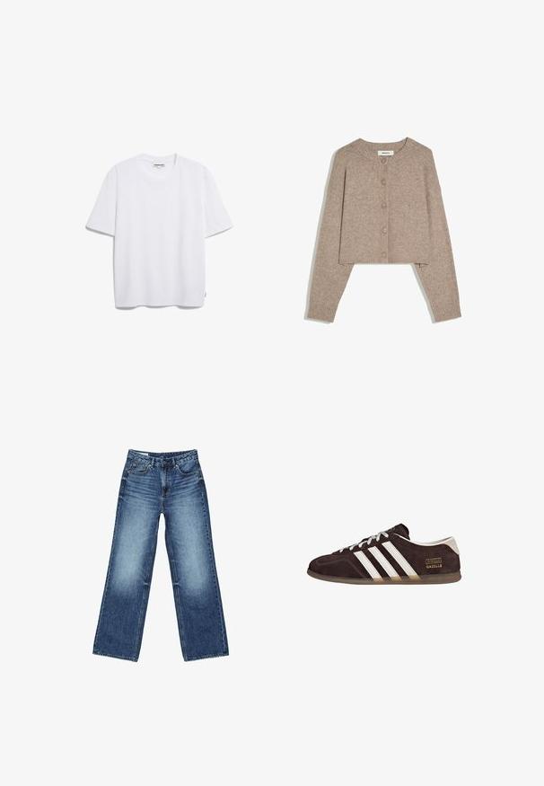 Beige cropped cardigan med lange ærmer, rund halsudskæring, fem knapper foran og ribstrikkede manchetter, lagt fladt på hvid baggrund.; Hvid bomulds t-shirt med korte ærmer, rund halsudskæring og en afslappet pasform. Ingen synlige mønstre eller logoer. Glat tekstur.; Blå denimjeans med høj talje, forreste knap og lynlås, lommer foran og bagpå samt en let falmet vask.; Brune ruskindssneakers med tre hvide striber, gummisål og tekstlabel med ordene "Gazelle" i guld. Snørebåndsdesign med grå snørebånd.