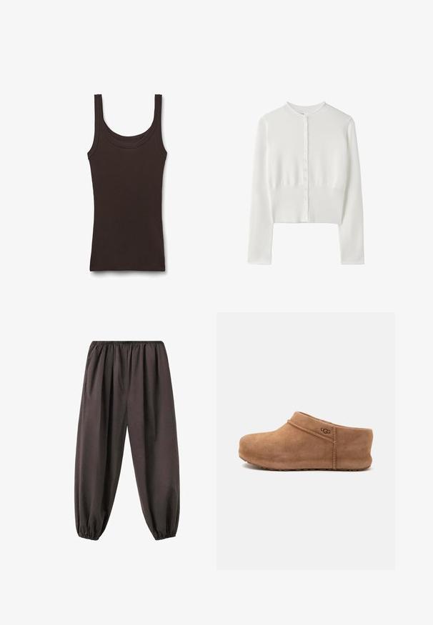 Hvid cropped cardigan med lange ærmer, rund halsudskæring og knapper foran, med ribbet tekstur ved taljeområdet.; Ærmeløs mørkebrun ribbet tanktop med rund halsudskæring, lagt fladt på hvid baggrund.; Løse mørkebrune bukser med elastisk talje og manchetter, lavet af blødt stof, designet til komfort og afslappet brug.; Brun ruskind UGG slip-on træsko med lav hæl og rund tå, vist i sideprofil på hvid baggrund.