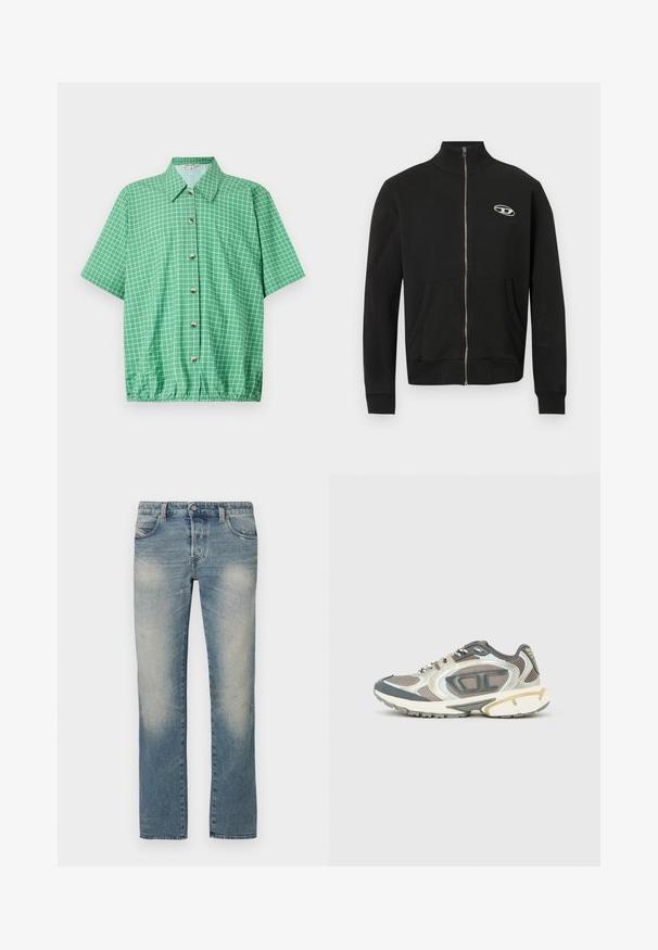 Zwarte jas met ritssluiting gemaakt van zacht stof, met een hoge halslijn, voorzakken, geribde boorden en een klein logo op de linkerborst.; Groen shirt met korte mouwen en een rasterpatroon, voorzien van een knoopsluiting aan de voorkant, een kraag en een elastische onderzoom voor een comfortabele pasvorm.; Lichtblauwe denim rechte jeans met vervaagde plekken, vijf zakken en een knoopsluiting. De stof vertoont lichte veroudering en slijtageplekken.; Sportschoenen in grijs, wit en beige materialen met een bovenwerk van mesh, dikke zool en gestructureerde accenten. Reflecterende details aan de zijkanten.