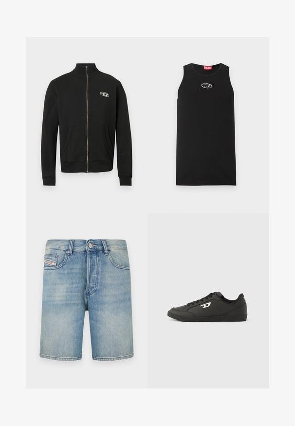 Veste noire zippée en tissu doux avec un col montant, des poches avant, des poignets côtelés et un petit logo sur le côté gauche de la poitrine.; Débardeur noir sans manches en coton. Présente un col rond et un petit logo Diesel blanc sur la poitrine. Texture lisse.; Shorts en denim bleu clair à coupe droite, cinq poches et fermeture à bouton. Couture visible et légère décoloration sur l'ensemble.; Baskets synthétiques noires avec une semelle noire texturée, un bout rond et des lacets plats noirs. Logo blanc remarquablement placé sur le côté extérieur.