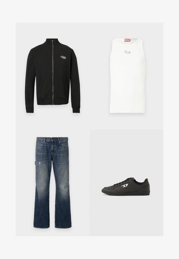 Chaqueta negra con cremallera, hecha de tejido suave, con cuello alto, bolsillos delanteros, puños acanalados y un pequeño logo en el pecho izquierdo.; Camiseta blanca sin mangas hecha de tela suave, con un pequeño logo plateado en el pecho y una etiqueta roja en el cuello.; Jeans de mezclilla en azul oscuro con un lavado desgastado. Presenta un corte de pierna ancha, detalles desgastados que incluyen un desgarro, y un diseño estándar de cinco bolsillos.; Zapatillas deportivas negras sintéticas con suela negra texturizada, puntera redonda y cordones planos negros. Destaca un logo blanco en el lateral exterior.