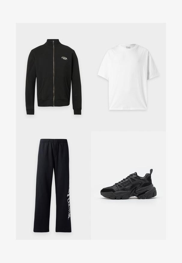 Schwarze Jacke mit Reißverschluss aus weichem Stoff, hoher Kragen, Fronttaschen, gerippte Bündchen und ein kleines Logo auf der linken Brust.; Schlichtes weißes T-Shirt mit kurzen Ärmeln und Rundhalsausschnitt, flach auf einem hellgrauen Hintergrund liegend.; Schwarze Baumwoll-Sweatpants mit elastischem Bund, weitem Bein und einem weißen Grafikdruck am linken Bein. Angenehme Textur und lässiges Design.; Schwarze Sneakers mit einer Kombination aus glatten und strukturierten Materialien, einer klobigen Sohle, Schnürdesign und markanten seitlichen Akzenten.
