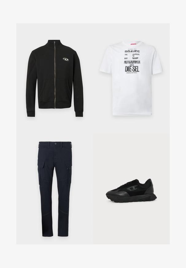 Schwarze Jacke mit Reißverschluss aus weichem Stoff, hoher Kragen, Fronttaschen, gerippte Bündchen und ein kleines Logo auf der linken Brust.; Weißes Baumwoll-T-Shirt mit fetter schwarzer Typografie und den Worten "BRAVES" und "DIE-SEL INDUSTRY" sowie einem halbtransparenten Cutout-Design.; Cargo-Hosen aus dunkelblauem Stoff mit mehreren Taschen, einschließlich seitlicher Cargo-Taschen, und sichtbaren Nähten. Slim-Fit-Design.; Schwarzer Low-Top-Sneaker mit strukturierter Sohle, Mesh- und Lederoberseite, Schnürung vorne und kleinem eingeprägtem Logo auf dem Seitenpanel.