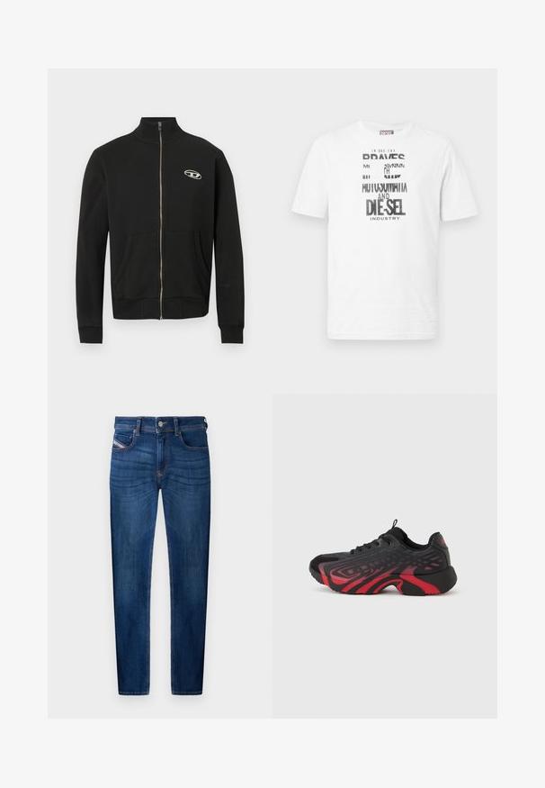 Zwarte jas met ritssluiting gemaakt van zacht stof, met een hoge halslijn, voorzakken, geribde boorden en een klein logo op de linkerborst.; Witte korte mouw Diesel T-shirt met zwart-witte grafische tekst en logo aan de voorkant, ronde halslijn en rode logolabel aan de zijnaad.; Donkerblauwe spijkerbroeken met rechte pijpen, vijf zakken, zichtbare stikseldetails en een metalen knoopsluiting.; Zwart-rode sportieve schoen met een textuur bovenwerk met patroondetails, veter sluiting en een dikke rubberen zool.