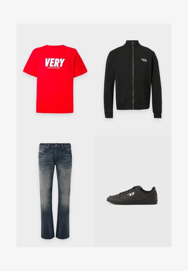 Schwarze Jacke mit Reißverschluss aus weichem Stoff, hoher Kragen, Fronttaschen, gerippte Bündchen und ein kleines Logo auf der linken Brust.; Rotes T-Shirt mit kurzen Ärmeln, auf der Brust in großen weißen Buchstaben "VERY" und darunter in kleineren weißen Buchstaben "CALVIN KLEIN".; Hellblaue Jeans mit geradem Bein aus dunkelblauem Denim, mit ausgewaschenen Bereichen, dezenten Waschungen und abgenutzten Details. Knopfverschluss mit fünf Taschen.; Schwarze Sneakers aus synthetischem Material mit einer strukturierten schwarzen Sohle, rundem Zehenbereich und flachen schwarzen Schnürsenkeln. Auffälliges weißes Logo auf der Außenseite.