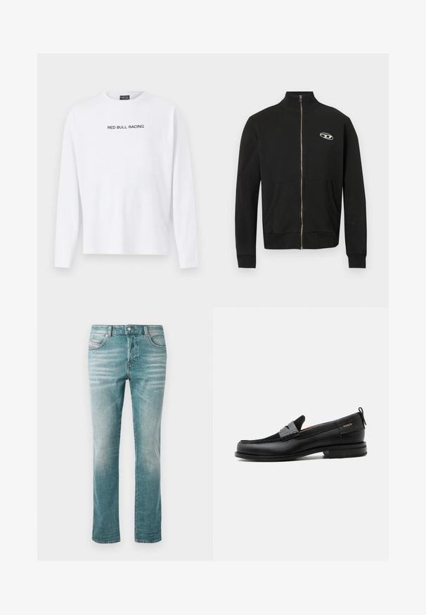 Zwarte jas met ritssluiting gemaakt van zacht stof, met een hoge halslijn, voorzakken, geribde boorden en een klein logo op de linkerborst.; Witte lange mouw t-shirt van katoen, met "RED BULL RACING" in het zwart over de borst gedrukt. Ronde hals, relaxte pasvorm.; Lichtblauwe denim jeans met een rechte pasvorm, vijf zakken, subtiele vervaging en een klassieke knoopsluiting bij de taille.; Zwarte leren loafer met grijs riemdetailelement, lage hak en gestructureerde zool, aan de zijkant gebrandmerkt met "HUGO" in goud.