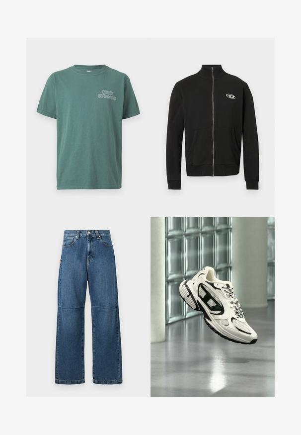 Zwarte jas met ritssluiting gemaakt van zacht stof, met een hoge halslijn, voorzakken, geribde boorden en een klein logo op de linkerborst.; Groene katoenen t-shirt met ronde hals, korte mouwen en een wit "OBEY STUDIOS" logo op de linkerkant van de borst. Zachte textuur, casual ontwerp.; Blauwe denim jeans met een relaxte pasvorm, rechte pijpen, zichtbare stiksels en een sluiting met een voorste knop. Heeft een zijzak met een accent.; Witte en zwarte sportsneaker met mesh-details en patroonveters, zwevend in een moderne binnenruimte met glasblokken.