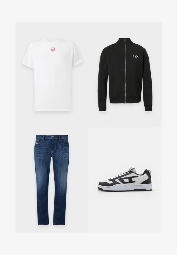 Chaqueta negra con cremallera, hecha de tejido suave, con cuello alto, bolsillos delanteros, puños acanalados y un pequeño logo en el pecho izquierdo.; Camiseta de algodón blanca con mangas cortas, cuello redondo y un pequeño gráfico bordado de un águila rosa en el pecho. Textura suave.; Vaqueros de mezclilla de color azul oscuro con corte recto, cuentan con un diseño de cinco bolsillos, costuras visibles y un cierre de botón de metal en la cintura.; Zapatilla blanca y negra con parte superior de cuero texturizado, cuello acolchado, punta redonda y suela de goma en contraste. Incluye cordones blancos y detalle de logo.