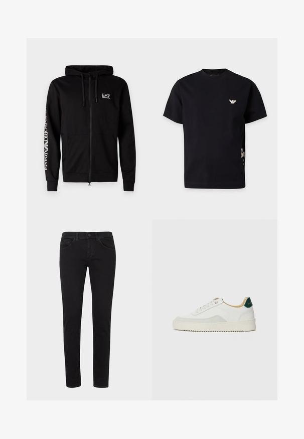 Hoodie zippé noir, en mélange de coton, avec capuche à cordon, poche kangourou et logo EA7 blanc sur la poitrine et la manche. Texture lisse.; T-shirt noir à manches courtes avec un petit logo blanc sur le côté gauche de la poitrine et un détail partiel en écriture blanche sur le côté droit.; Jean en denim noir à coupe slim, avec un design classique à cinq poches, passants pour ceinture et fermeture à boutons sur le devant. Texture lisse avec un léger effet délavé.; Baskets blanches avec des accents en daim, bout arrondi, lacets plats et semelle en caoutchouc crème. Présente une marque verte sur le talon.