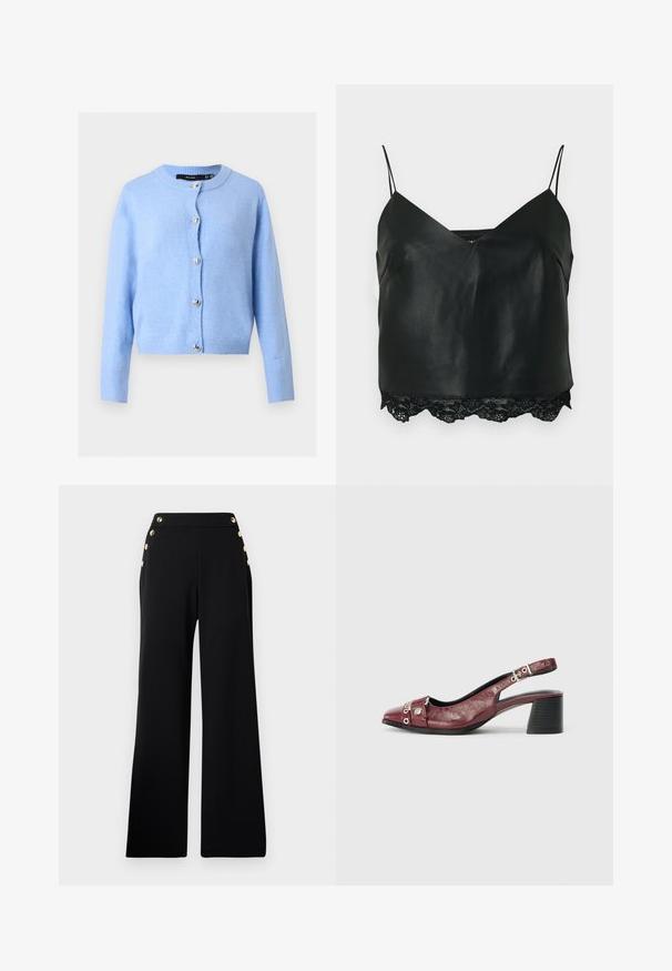 Cardigan en maille bleu clair avec manches longues et encolure ronde, orné de boutons argentés en forme de cœur sur le devant.; Camisole en cuir noir avec fines bretelles, présentant un décolleté en V profond et une bordure en dentelle à l'ourlet, créant un contraste de texture en couches.; Pantalons noirs taille haute à jambe large avec des boutons en or sur le devant et des poches sur les deux hanches sur un fond blanc.; Chaussure slingback en cuir bordeaux avec un bout arrondi, un design incurvé, des accents en métal argenté et un talon bloc. Finition texturée.
