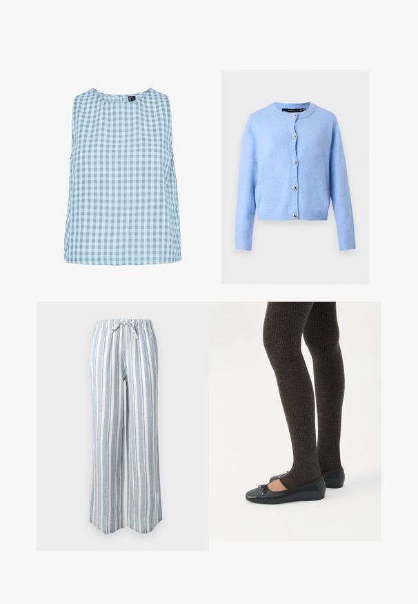 Cárdigan de punto azul claro con mangas largas y escote redondo, con botones plateados en forma de corazón en la parte delantera.; Top sin mangas en gingham azul claro con escote redondo y corte relajado. Confeccionado en una suave tela texturizada con un patrón de cuadros.; Pantalones de pierna ancha con rayas verticales en azul claro y blanco, con cintura elástica y cierre con cordón.; Piernas con leggings oscuros acanalados combinados con bailarinas negras que presentan pequeños detalles de lazo sobre un fondo blanco.