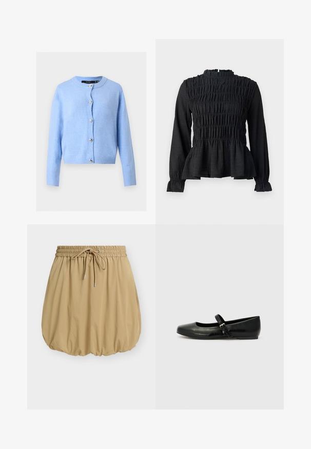 Lyseblå strikket cardigan med lange ærmer og rund halsudskæring, med sølvfarvede knapper i hjerteform ned foran.; Sort langærmet top med smock-detaljer, høj hals og en flagrende peplum-søm. Fremstillet af tekstureret stof med rynkede manchetter.; Beige bobleskjørt med elastisk talje og snøre, samlet kant der skaber en voluminøs silhuet.; Sorte læder balletflade med rund tå, flad sål og en tynd justerbar rem over svangen med en metalspænde.