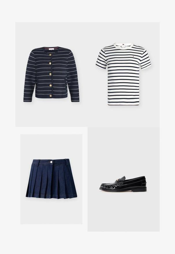 Marineblå cardigan med hvide, vandrette striber, rund halsudskæring, guldknapper foran og lange ærmer.; Hvid kortærmet T-shirt med rund hals, horisontale marineblå striber og et lille rødt, hvidt og marineblåt logo på brystet.; Mørk denim plisseret nederdel med en tætsiddende talje, knaplukning og kontrastsyning. Har pæne pliser og en lige kant.; Sorte læder loafers med rund tå, dekorativ sying og en lille gul accent på vampen. Flad gummisål, slankt design.