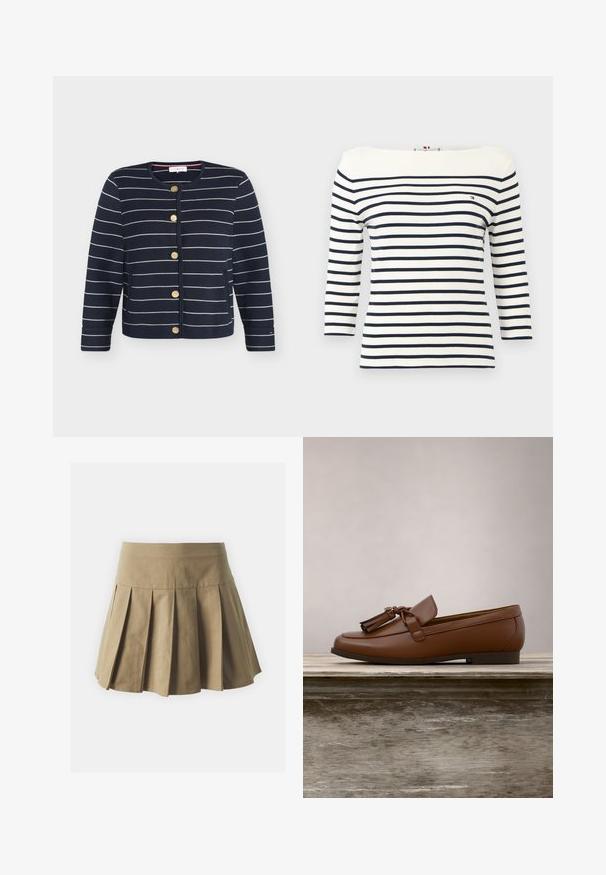 Cárdigan azul marino con rayas horizontales blancas, cuello redondo, botones dorados en la parte delantera y mangas largas.; Camisa blanca de manga larga con rayas horizontales azul marino y un pequeño logo de Tommy Hilfiger en el pecho izquierdo.; Falda de tono caqui con pliegues y cinturilla ajustada, hecha de una tela de algodón, con una textura uniforme y un diseño corto y acampanado.; Mocasín de cuero marrón con borlas equilibrado en el borde de una mesa de madera, con follaje verde desenfocado al fondo.