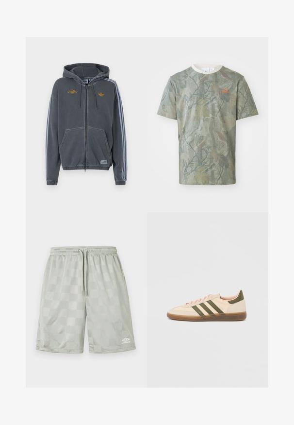 Sweat à capuche zippé gris foncé avec capuche, poches avant, rayures grises claires sur les manches, et logos "Originals" et Adidas jaunes sur la poitrine.; T-shirt vert à motif camouflage, manches courtes, col rond, avec un logo orange sur le côté gauche de la poitrine. Fabriqué en tissu léger.; Umbro FOOTBALL SHORT - Pantalon de survêtement - harbor mist; Baskets beige discrètes Adidas Spezial avec des bandes vertes, une semelle en caoutchouc et le logo "SPEZIAL" sur le côté, vues de l'extérieur.