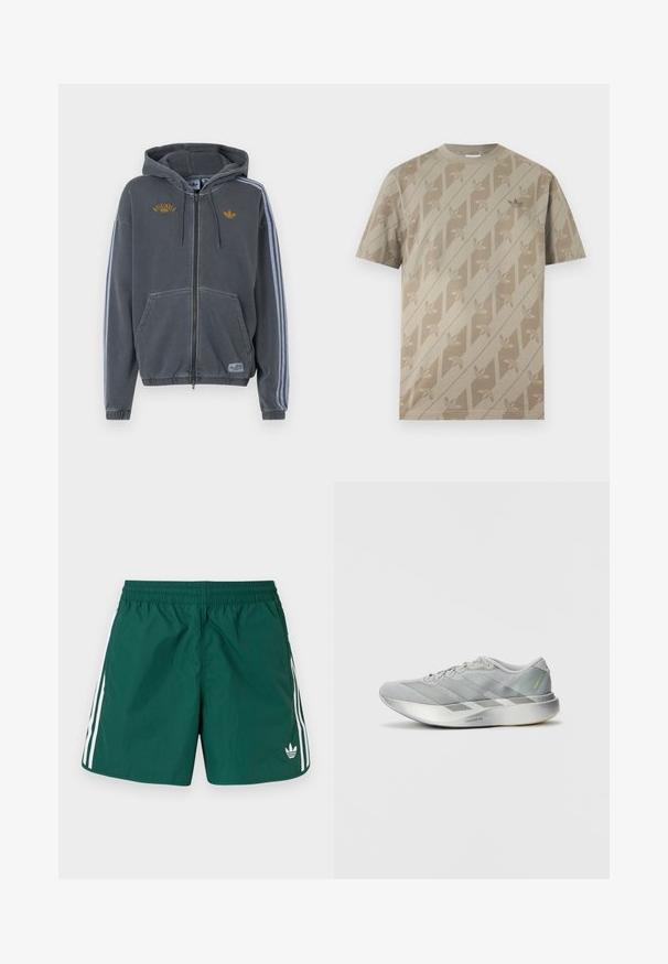 Mørkegrå zip-up hættetrøje med hætte, foranlommer, lysegrå striber på ærmerne og gule "Originals"- og Adidas-logoer på brystet.; Beige kortærmet t-shirt med diagonale striber og gentaget trebladet logomønster i en lidt mørkere nuance.; Mørkegrønne atletikshorts med elastisk taljebånd, hvide sidelængder og en lille hvid Adidas-logo på det nederste venstre ben.; Letvægts grå atletiksko med et slankt design, der har en tekstureret overflade, tre diagonale striber og en reflekterende sølvsål.