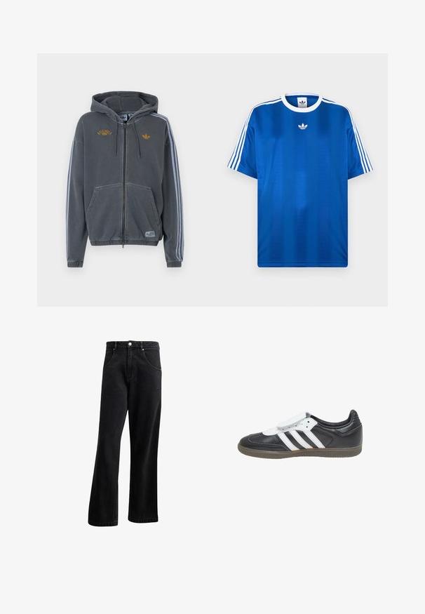 Donkergrijze hoodie met ritssluiting, capuchon, voorzakken, lichtgrijze strepen op de mouwen en gele "Originals"- en Adidas-logo's op de borst.; Koningsblauw sport T-shirt gemaakt van gladde stof, met witte strepen op de mouwen en een klein wit logo op de borst.; Zwarte denim jeans met een recht gesneden ontwerp, voorzien van voorzakken, een knoopsluiting en een lichte textuur. Inclusief een subtiele logo-detail.; adidas Originals SAMBA LT - Sneakers laag - core black footwear white gum