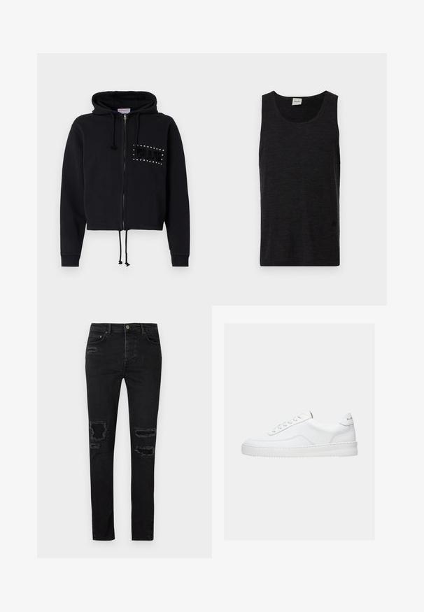 Μαύρο κοντό hoodie με φερμουάρ, που διαθέτει κουκούλα με κορδόνι και μπροστινές τσέπες. Διακοσμημένο με την επιγραφή "BLUE" από χάντρες και πλούσια υφή στο στήθος.; Μαύρη αμάνικη μπλούζα από υφασμάτινο υλικό με υφή. Διαθέτει στρογγυλή λαιμόκοψη και μια διακριτική λογότυπη λεπτομέρεια κοντά στο στρίφωμα. Απλός σχεδιασμός.; Μαύρα τζιν παντελόνια σε στενή γραμμή, με φθαρμένες τρύπες στα γόνατα, τονικό ράψιμο και κλασικό κλείσιμο με κουμπί και φερμουάρ.; Λευκό sneaker χαμηλού τόνου με σχέδιο δέσιμο κορδονιών, λείο δερμάτινο επάνω μέρος και παχύ πάτο, εμφανιζόμενο από πλευρική όψη σε απλό φόντο.