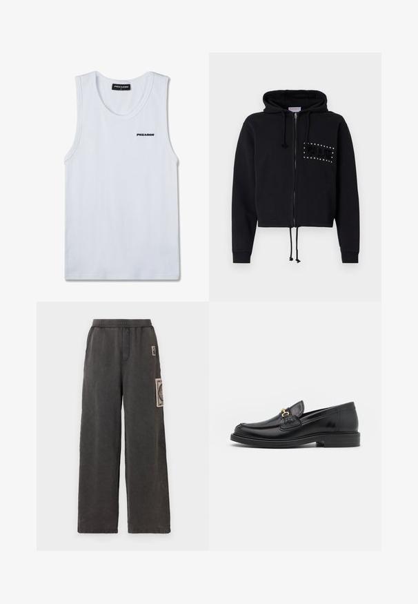 Μαύρο κοντό hoodie με φερμουάρ, που διαθέτει κουκούλα με κορδόνι και μπροστινές τσέπες. Διακοσμημένο με την επιγραφή "BLUE" από χάντρες και πλούσια υφή στο στήθος.; Λευκό αμάνικο ριμπ τοπ με μαύρο λογότυπο «PEGADOR» στο στήθος και ετικέτα μεγέθους στο εσωτερικό του λαιμού.; Παντελόνι μπατζάκι σε σκούρο γκρι ύφασμα, με διακοσμητικό πατινάρισμα στην μπροστινή τσέπη και ελαστική μέση για άνεση.; Μαύρες δερμάτινες loafers με στρογγυλή μύτη, διακοσμημένες με χρυσά αξεσουάρ και λεπτομέρειες ραφής, τοποθετημένες σε χαμηλή, υφασμάτινη ελαστική σόλα.