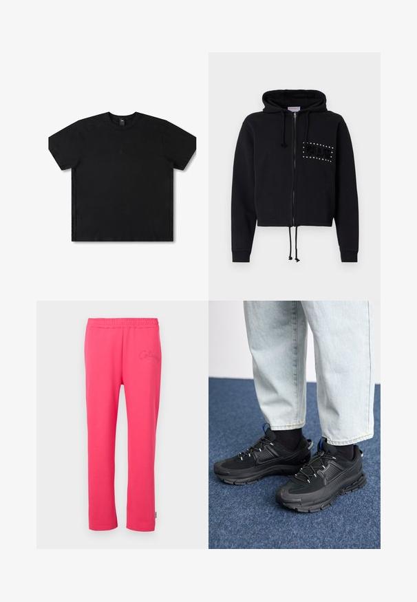 Zwarte cropped hoodie met rits, voorzien van een trekkoordcapuchon en voorzakken. Versierd met "BLUE" in kralen en een pluchen textuur op de borst.; Zwarte T-shirt met korte mouwen, gemaakt van katoen, met een ronde hals, voorzien van een subtiele logo in het midden en een relaxte pasvorm.; Roze katoenen loungebroeken met een elastische tailleband en geborduurd logo-detail aan de voorkant. Heeft een rechte pijpdesign.; Zwarte sportschoenen met gestructureerde stof en rubberen zolen, met elastische veters en een blauwe accent op de hiel. Draag samen met lichte spijkerbroeken.