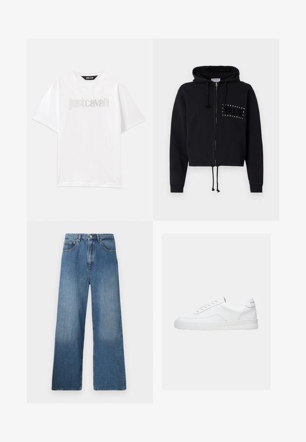 Μαύρο κοντό hoodie με φερμουάρ, που διαθέτει κουκούλα με κορδόνι και μπροστινές τσέπες. Διακοσμημένο με την επιγραφή "BLUE" από χάντρες και πλούσια υφή στο στήθος.; Λευκή βαμβακερή μπλούζα με κοντά μανίκια και χαλαρή εφαρμογή. Διαθέτει το λογότυπο "Just Cavalli" κεντημένο σε ασημί χρώμα στο στήθος.; Πλατινές μπλε τζιν παντελόνες με κλασικό σχέδιο πέντε τσέπες, μπροστινό κλείσιμο με κουμπί και ελαφριά φθορά για υφή.; Λευκό sneaker χαμηλού τόνου με σχέδιο δέσιμο κορδονιών, λείο δερμάτινο επάνω μέρος και παχύ πάτο, εμφανιζόμενο από πλευρική όψη σε απλό φόντο.