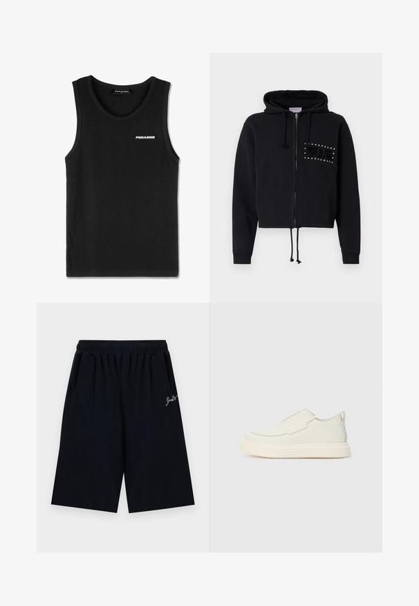 Sweat à capuche cropped noir avec fermeture éclair, doté d'une capuche avec cordon de serrage et de poches avant. Orné de "BLUE" en perles et texture peluche sur la poitrine.; Débardeur noir côtelé sans manches avec petit logo blanc "PEGADOR" sur le côté gauche de la poitrine et encolure ronde.; Short noir jusqu'au genou avec une ceinture élastique et un petit texte blanc en écriture cursive sur le côté droit.; Sneaker sans lacets en matériau texturé blanc cassé avec une semelle épaisse et rainurée. Présente des coutures minimales et un accent bleu clair subtil.