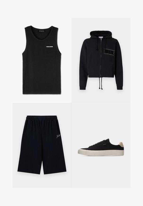 Μαύρο κοντό hoodie με φερμουάρ, που διαθέτει κουκούλα με κορδόνι και μπροστινές τσέπες. Διακοσμημένο με την επιγραφή "BLUE" από χάντρες και πλούσια υφή στο στήθος.; Μαύρο αμάνικο ριμπ τοπ με μικρό λευκό λογότυπο "PEGADOR" στο αριστερό στήθος και στρογγυλή λαιμόκοψη.; Μαύρες σορτς μέχρι το γόνατο με ελαστική μέση και μικρό λευκό κείμενο σε πλάγια γραφή στη δεξιά πλευρά.; Μαύρο sneaker χαμηλό με μπεζ ταμπελάκι στη φτέρνα, λευκή παχιά ελαστική σόλα, μαύρα κορδόνια και μικρή ετικέτα "PS Paul Smith" στο πλάι.