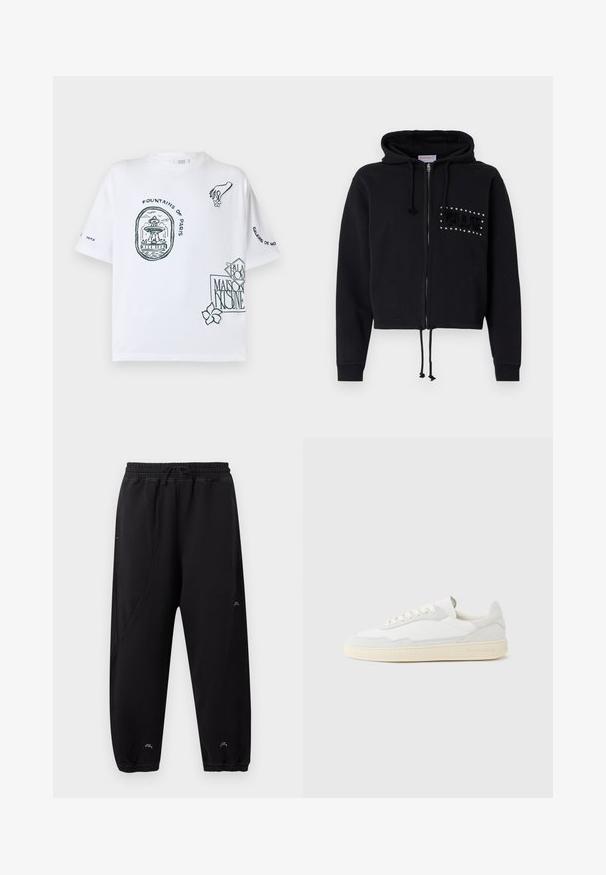 Μαύρο κοντό hoodie με φερμουάρ, που διαθέτει κουκούλα με κορδόνι και μπροστινές τσέπες. Διακοσμημένο με την επιγραφή "BLUE" από χάντρες και πλούσια υφή στο στήθος.; Λευκό κοντομάνικο μπλουζάκι με μαύρα σκίτσα ενός σιντριβανιού στο Παρίσι, ενός χεριού που κρατάει ένα λουλούδι και κείμενο και λογότυπα Maison Kitsuné.; Μαύροι αθλητικοί παντελόνες με ελαστική μέση και μανσέτες, στενή εφαρμογή, διακριτικές ραφές και μικρό λευκό λογότυπο κοντά στους αστραγάλους και στο μηρό.; Λευκό αθλητικό παπούτσι με επάνω μέρος από σουέτ και δέρμα με υφή. Διαθέτει στρογγυλή μύτη, κλείσιμο με κορδόνια και αντίθετη μπεζ καουτσούκ σόλα.