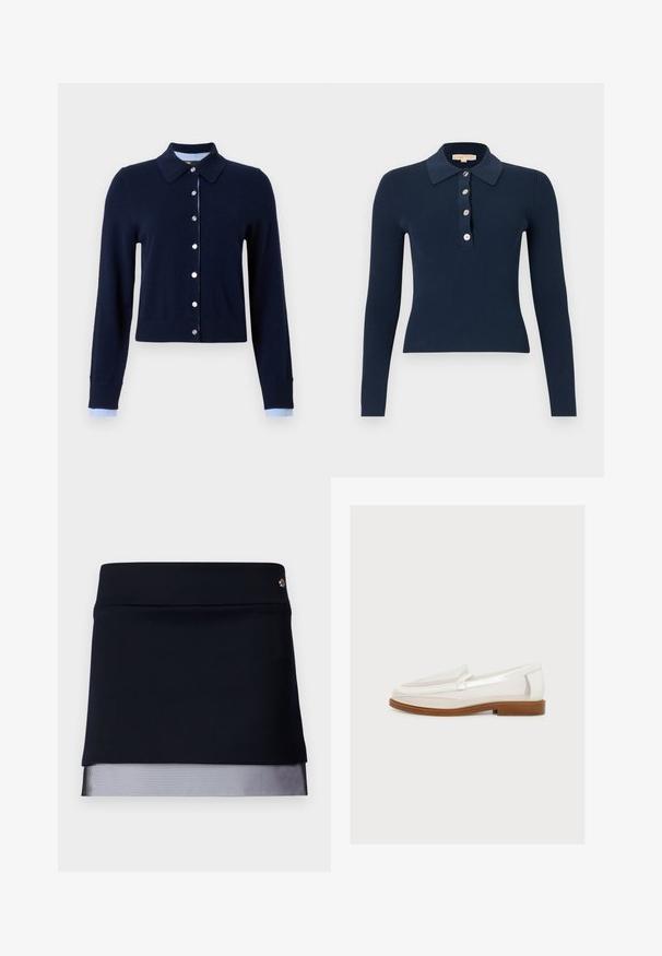 Marineblå cardigan med lange ærmer, sølvknapper, polokrave og lyseblåt ternet stof, der titter frem ved ærmekanterne og kraveforingen.; Marineblå ribbet poloshirt med lange ærmer, fire knapper foran og klassisk krave, slim fit.; Sort nederdel med en tætsiddende talje og en gennemsigtig mesh kantdetalje. Stoffet er glat med et struktureret design og har en lille metalaccent.; Hvid slip-on loafer med gennemsigtige mesh-sider og brun sål, vist i sideprofil på en ensfarvet lys baggrund.