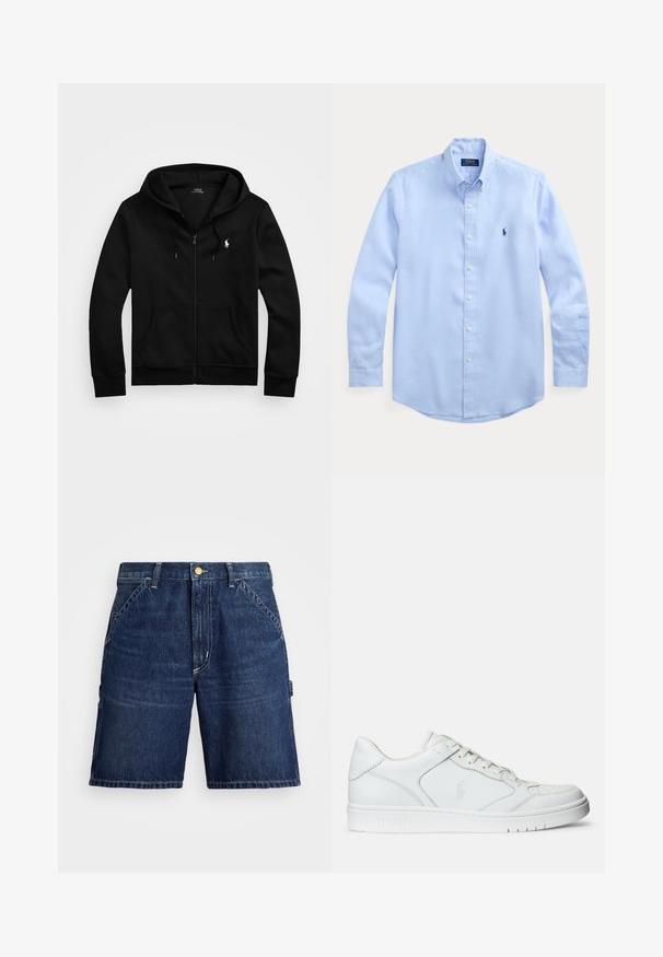 Sort lynlåstrøje med frontlommer, snørejusteret hætte og hvid Polo Ralph Lauren-logo på venstre bryst.; Lysblå skjorte med knaplukning lavet af bomuld, med en klassisk krave, lange ærmer og et lille marineblåt logo på venstre bryst.; Denimshorts i mørkeblå, med en klassisk skæring, fem-lomme design og kontrasterende syninger. Knappen er placeret over lynlåsen.; Hvide lædersneakers med en glat tekstur, der har en perforeret tå, snørebåndslukning og broderet logo på siden. Hvid gummisål.
