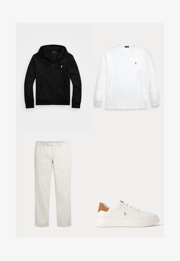 Čierna mikina na zips s kapucňou, predné vrecká, kapucňa so šnúrkami a bielym logom Polo Ralph Lauren na ľavej strane hrude.; Biele tričko s dlhými rukávmi a okrúhlym výstrihom s malým vyšívaným logom Polo Ralph Lauren na ľavej strane hrudníka.; Krémové nohavice s rovnými nohavicami, s pútkami na opasok a skrytým predným zapínaním na jednoduchom pozadí.; Biely nízky teniska s béžovou pätovou záložkou, bielymi šnúrkami a malým vyšívaným logom hráča póla na boku nad tlustou podrážkou.