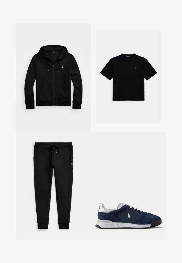 Schwarzer Kapuzenpullover mit Reißverschluss, Fronttaschen, Kordelzugkapuze und weißem Polo Ralph Lauren-Logo auf der linken Brust.; Schwarzes kurzärmeliges T-Shirt aus Baumwolle mit Rundhalsausschnitt und kleinem rotem Polo-Logo auf der linken Brust.; Schwarze Jogginghose mit umgeschlagenen Bündchen, Tunnelzug in der Taille, Seitentaschen und kleinem weißen Polo-Spieler-Logo am rechten Oberschenkel.; Herren Polo Sneaker in Marineblau und Weiß mit Velours- und Mesh-Einsätzen, weißen Schnürsenkeln und Polo-Logo an der Seite und Ferse.