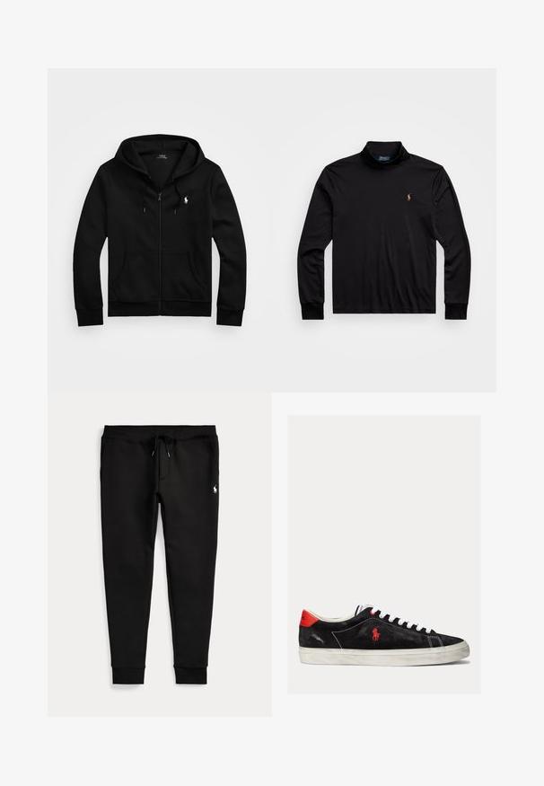 Schwarzer Kapuzenpullover mit Reißverschluss, Fronttaschen, Kordelzugkapuze und weißem Polo Ralph Lauren-Logo auf der linken Brust.; Schwarzes Langarm-Polohemd mit hohem Kragen, gefertigt aus glattem Stoff, mit einem kleinen gestickten Logo auf der linken Brust.; Schwarze Jogginghose mit umgeschlagenen Bündchen, Tunnelzug in der Taille, Seitentaschen und kleinem weißen Polo-Spieler-Logo am rechten Oberschenkel.; Schwarze Wildleder-Sneaker mit weißen Schnürsenkeln, roten Akzenten an der Ferse und einem kleinen roten Logo. Sie verfügen über eine flache Gummisohle und einfache Nähte.