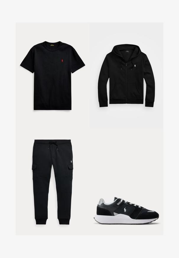 Čierna mikina na zips s kapucňou, predné vrecká, kapucňa so šnúrkami a bielym logom Polo Ralph Lauren na ľavej strane hrude.; Čierne bavlnené tričko s krátkymi rukávmi, okrúhlym výstrihom a malým červeným vyšívaným logom na ľavej hrudi. Hladká textúra, ležérny dizajn.; Čierne cargo jogger nohavice s šnúrkou v páse, bočné vrecká s chlopňou, rebrované manžety a malé biele logo hráča póla na pravej stehne.; Čierno-biele nízke tenisky s textúrovanými panelmi, šnúrkami a bielou medzipodrážkou, s logom hráča póla po boku.