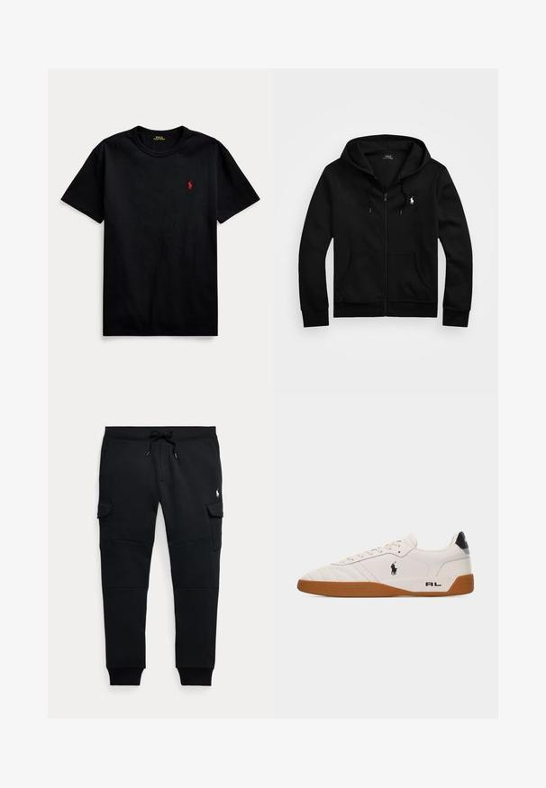 Sort lynlåstrøje med frontlommer, snørejusteret hætte og hvid Polo Ralph Lauren-logo på venstre bryst.; Sort bomulds t-shirt med korte ærmer, rund halsudskæring, og lille rødt broderet logo på venstre bryst. Glat overflade, afslappet design.; Sorte cargo joggebukser med snøre i taljen, sidelommer med klap, ribkantsmanchetter og lille hvid polo spiller logo på højre lår.; Hvid lav sneakers med brun gummisål, sort Polo Ralph Lauren-logo på siden og "RL" tekst på hælområdet.