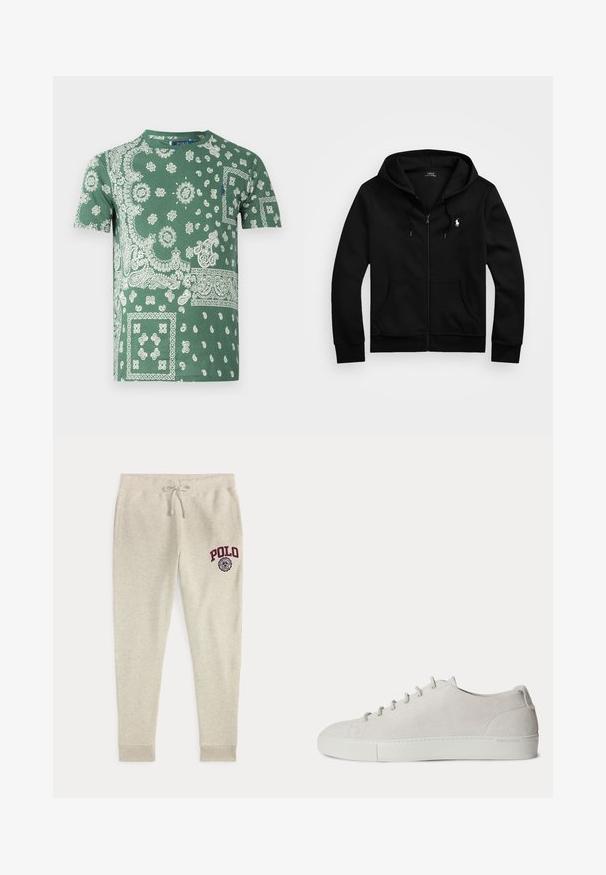 Čierna mikina na zips s kapucňou, predné vrecká, kapucňa so šnúrkami a bielym logom Polo Ralph Lauren na ľavej strane hrude.; Zelené bavlnené tričko s detailnými bielymi paisley a kvetinovými vzormi, okrúhlym výstrihom a krátkymi rukávmi.; Béžové tepláky so sťahovacou šnúrkou, bočnými vreckami a červeným logom a emblémom "POLO" na hore ľavej stehnovej časti.; Biely nízky semišový teniska so šnurovaním vpredu a gumovou podrážkou, minimalistický dizajn.