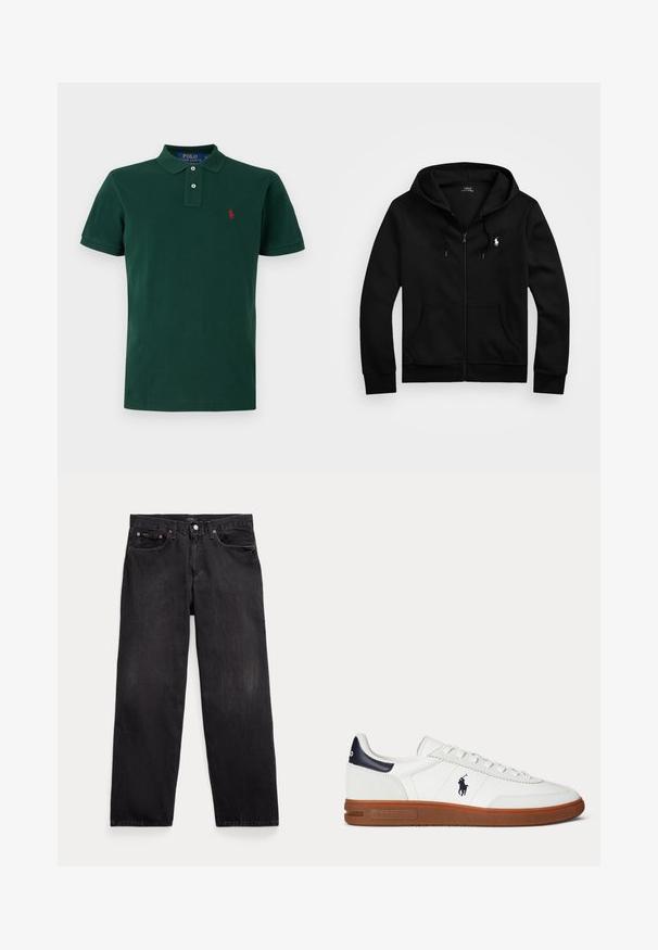 Čierna mikina na zips s kapucňou, predné vrecká, kapucňa so šnúrkami a bielym logom Polo Ralph Lauren na ľavej strane hrude.; Tmavozelené polo tričko s krátkym rukávom, golierom, dvoma gombíkmi a malým červeným vyšívaným logom na ľavej strane hrudníka.; Čierne rifle s rovnými nohavicami, piatimi vreckami, zapínaním na gombíky a viditeľnými kovovými nitmi na predných vreckách.; Biela nízka teniska s hnedou podrážkou, čiernym záplatou na päte, vyšitým logom hráča póla a bielymi šnúrkami.