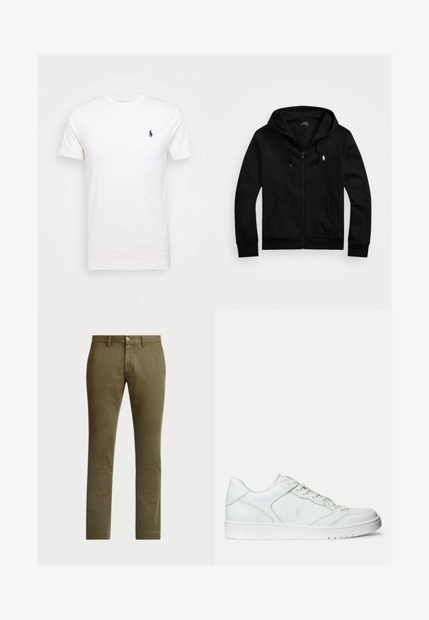 Čierna mikina na zips s kapucňou, predné vrecká, kapucňa so šnúrkami a bielym logom Polo Ralph Lauren na ľavej strane hrude.; Biela bavlnená tričko s okrúhlym výstrihom. Na ľavej strane hrude je malé tmavomodré logo. Krátke rukávy, hladká textúra.; Polo Ralph Lauren BEDFORD STRETCH SLIM FIT CHINO PANT - Nohavice chinos - canopy olive; Biele kožené tenisky s hladkým povrchom, obsahujúce perforovanú špičku, šnúrkové uzatvorenie a vyšívané logo na boku. Biela gumová podrážka.