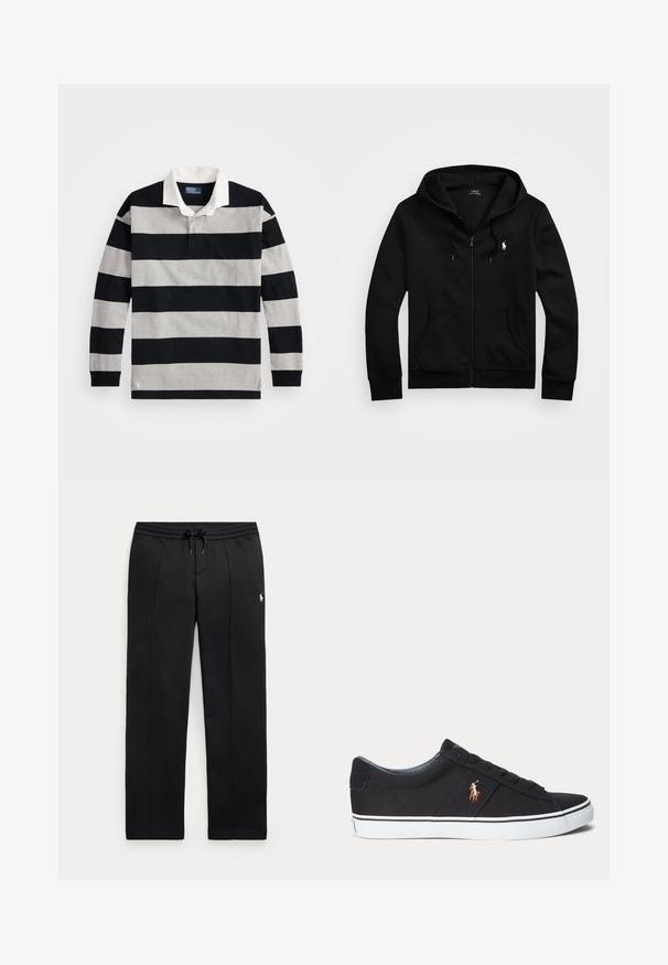 Schwarzer Kapuzenpullover mit Reißverschluss, Fronttaschen, Kordelzugkapuze und weißem Polo Ralph Lauren-Logo auf der linken Brust.; Gestreiftes Polohemd mit langen Ärmeln in Schwarz und Grau, einem weißen Kragen und einem kleinen Logoakzent am unteren Saum. Weiches Baumwollmaterial.; Schwarze Sweatpants mit geradem Bein, Kordelzug in der Taille und kleinem weißem Logo am linken Oberschenkel, flach auf hellem Hintergrund gezeigt.; Schwarzer Sneaker mit niedrigem Schaft, weißer Sohle und gesticktem Polospieler-Logo an der Seite, mit Schnürverschluss und strukturiertem Stoff-Obermaterial.